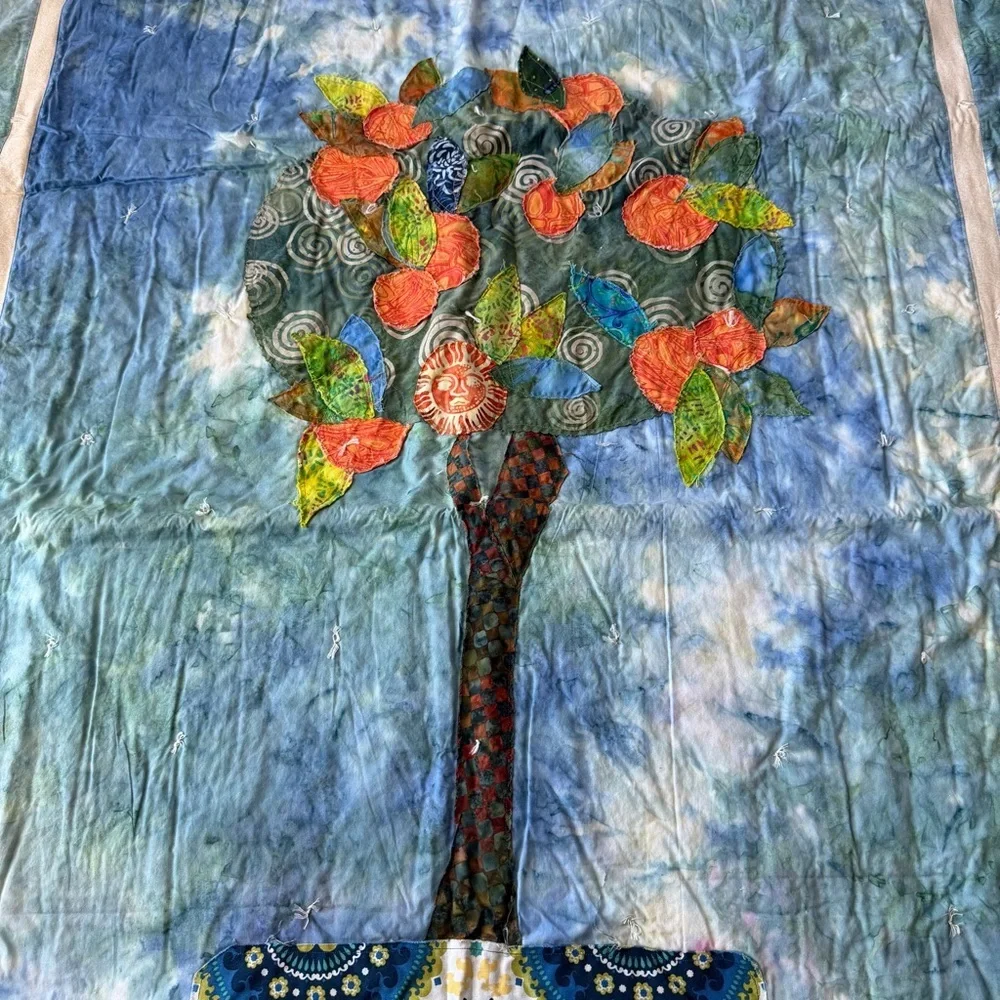Vintage Folk Art Tree Applique Quilt Wall Hanging 39x53 Boho Fiber Art Handmade